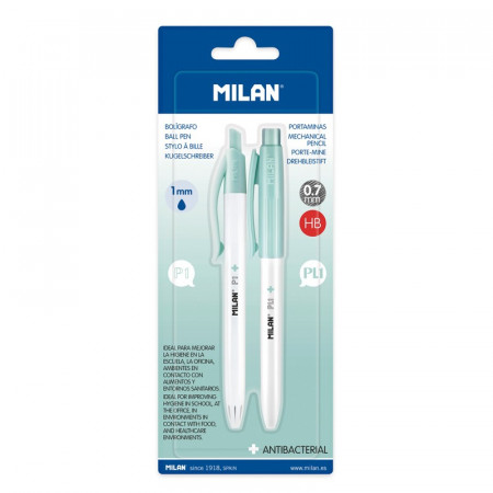 Blister Antibacterial 1 stylo à bille P1 bleu + 1 porte-mines 0.7 mm