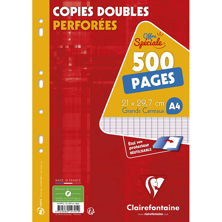 COPIES DOUBLES PERFORÉES A4 500P GRANDS CARREAUX 90G