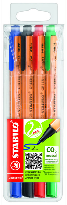 Pochette de 4 stylos-feutres STABILO GREENpoint noir bleu rouge vert -  BuroStock Guadeloupe
