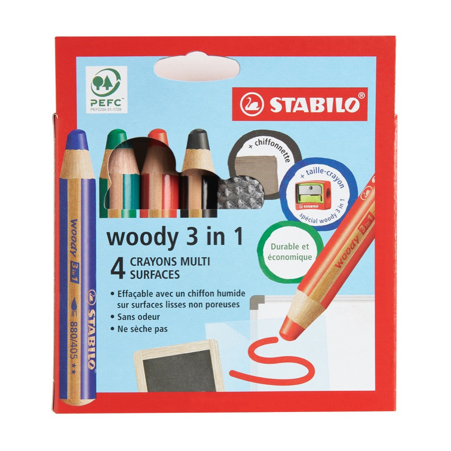 6 crayons de couleurs Woody 3 en 1 + taille crayon Stabilo